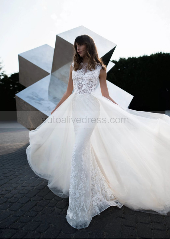 Ivory Lace Buttons Back Wedding Dress With Detachable Train Ivory Lace Buttons Back Wedding Dress With Detachable Train